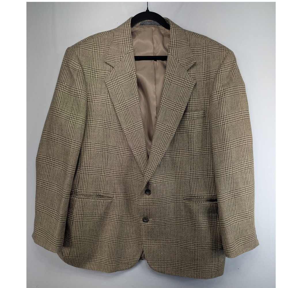 Haggar Clothing Mens Plaid Blazer Tan‎ Brown Two Button Sport Coat USA 100% Wool